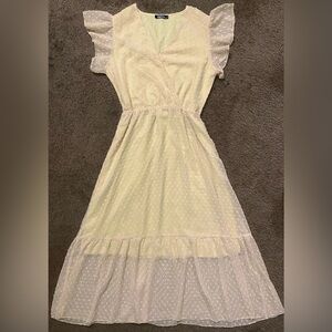 Fashion Medium Yellow Lined Chiffon Layered Swiss Dot Ruffle Wrap Maxi Dress